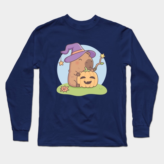 Cute Capybara Wizard and Squash Halloween Long Sleeve T-Shirt by rustydoodle